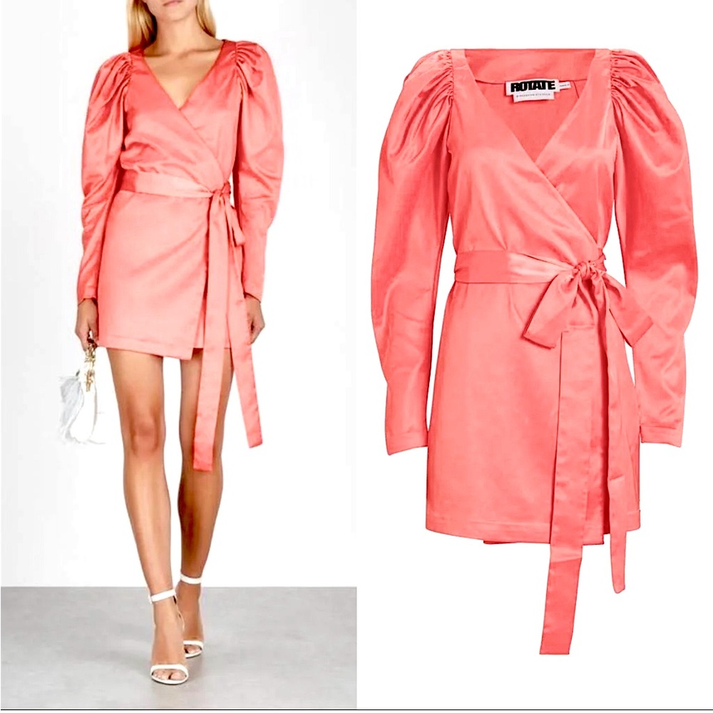 Rotate Birger Christensen Satin Coral Puff-Sleeve Wrap Dress - US 4